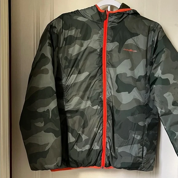 Eddie Bauer Reversible Puffer Jacket with Camouflage Bright Orange Trim Size XL - Picture 2 of 13
